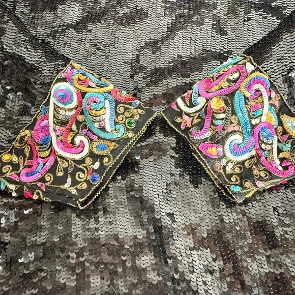 Donnatella Black Sequin Beaded Collar Long Sleeve Silk Blouse‎ Top Women's Sz L* - Picture 5 of 12